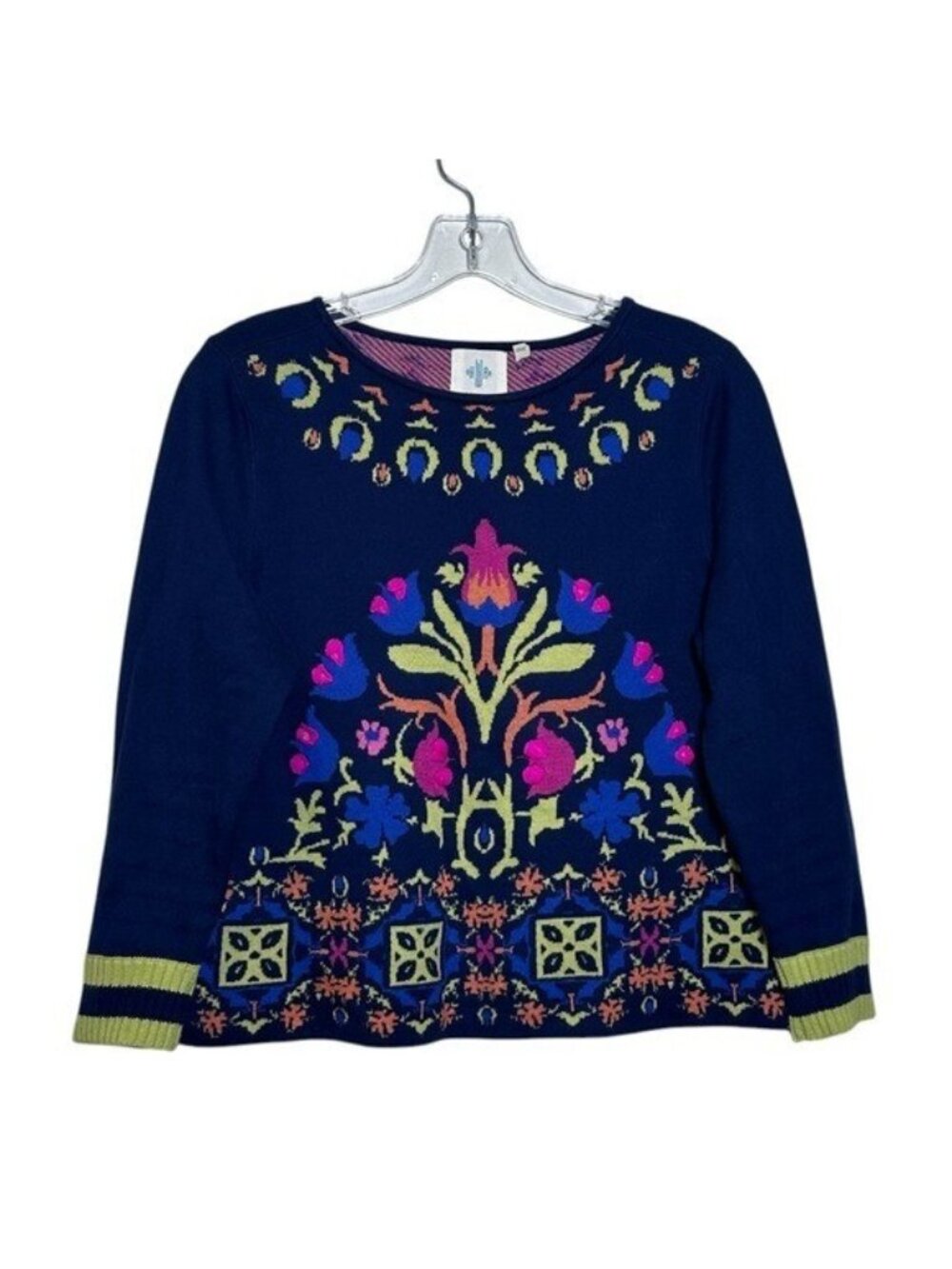 HWR Monogram Anthropologie Size S Floral Intarsia Sweater Colorful‎ Boxy Blue